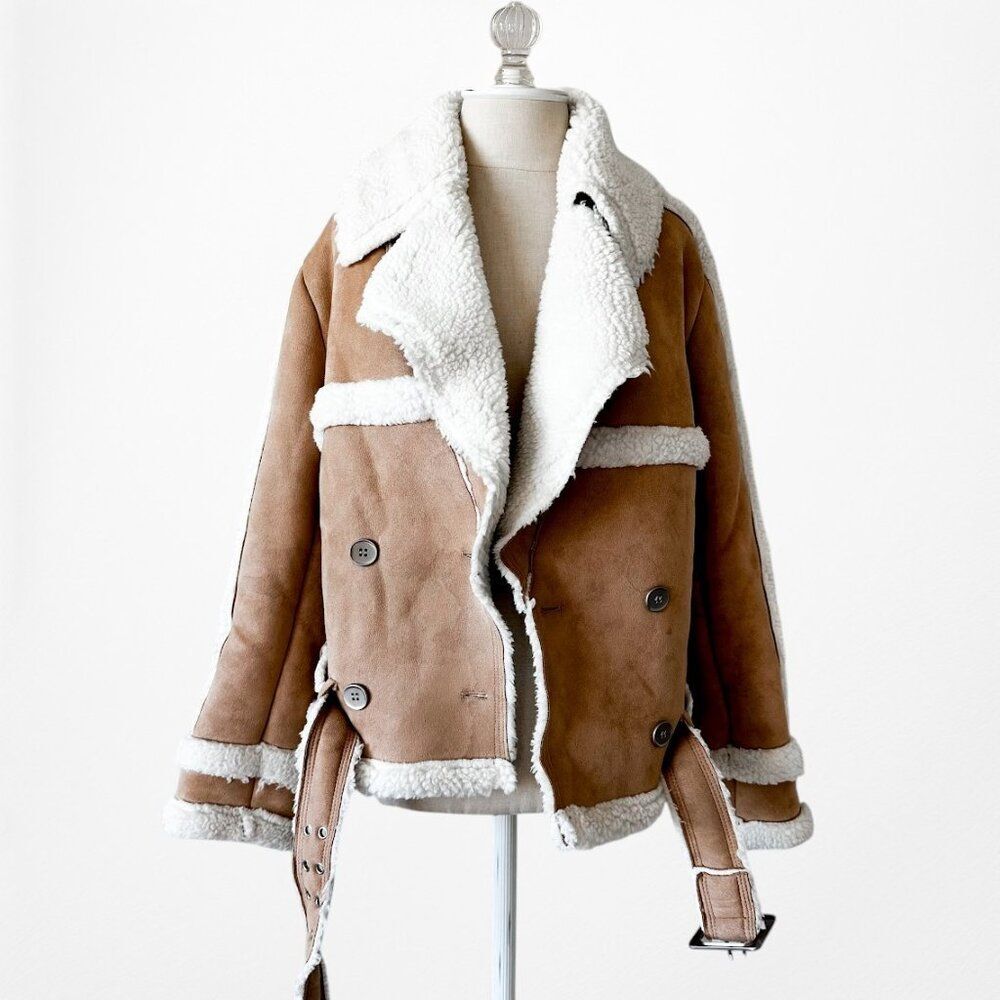 Vintage Y2K 90s Brown Suede Faux Fur Fleece Lined Motorcycle Biker Jacket Coat L - Picture 4 of 9